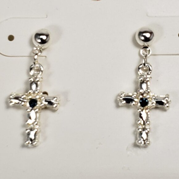 Silver Gothic Cross Earrings – Dark Stone Studs, Statement Christian Jewelry - Picture 3 of 8